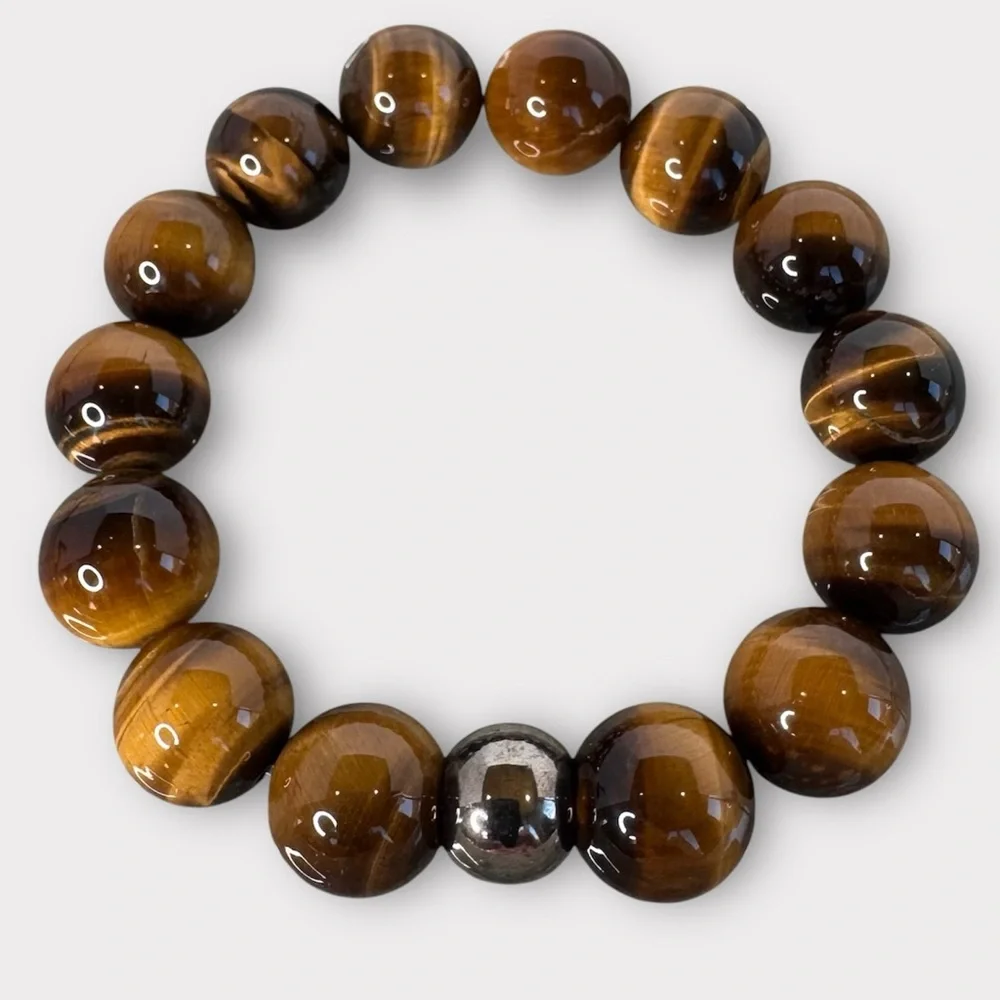 Hand Crafted Tiger Eye Gemstone Beaded Stretch Bracelet 6.75” 14mm NWT
